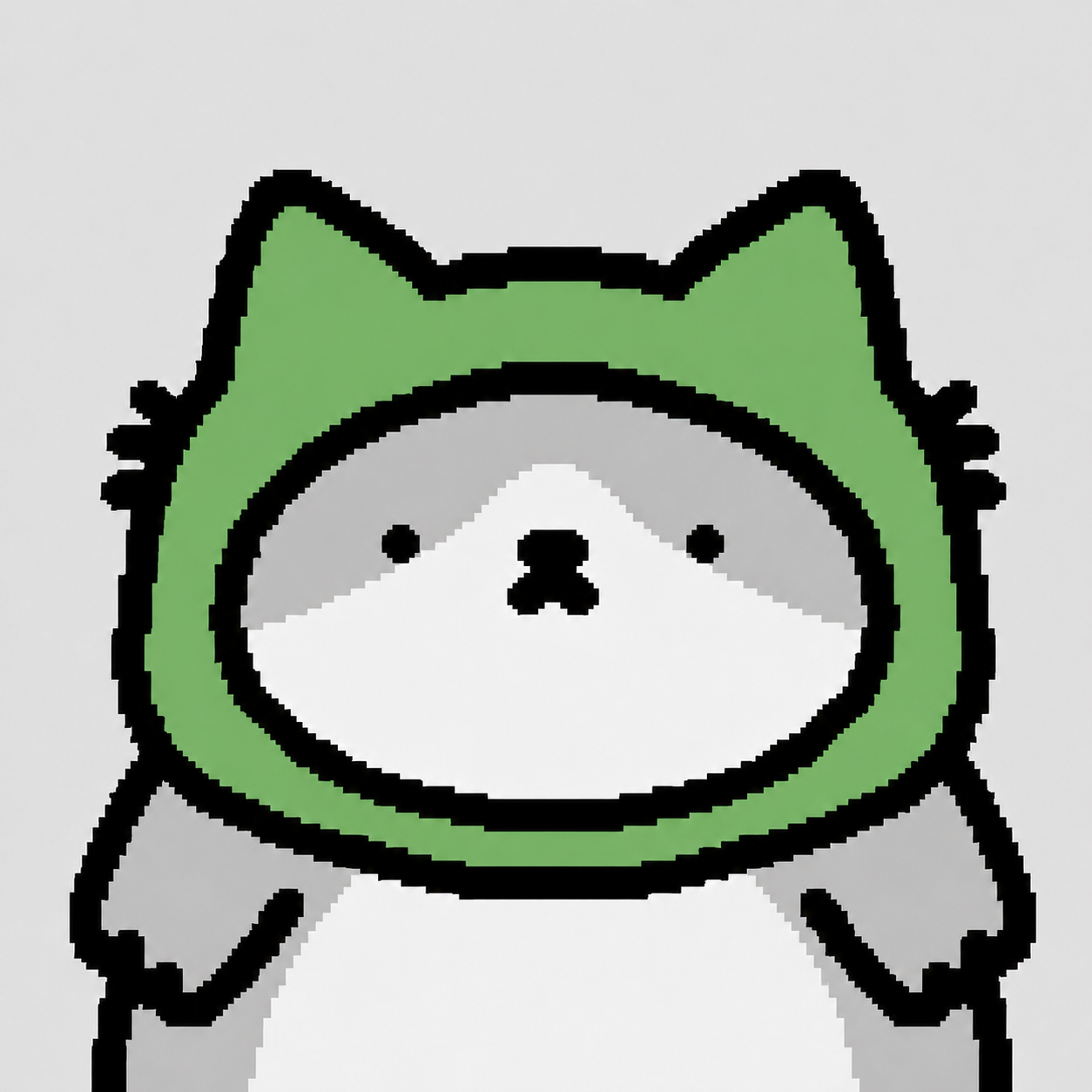 hud the cat, a gray cat wearing a green cat-ear hood